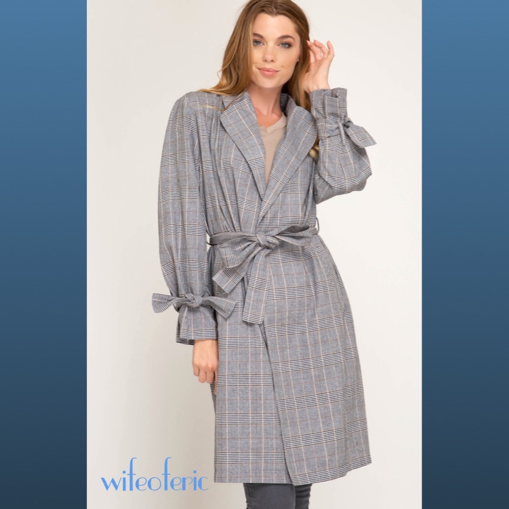 Glen Plaid Belted Duster Trench Rain Coat Gray S-L